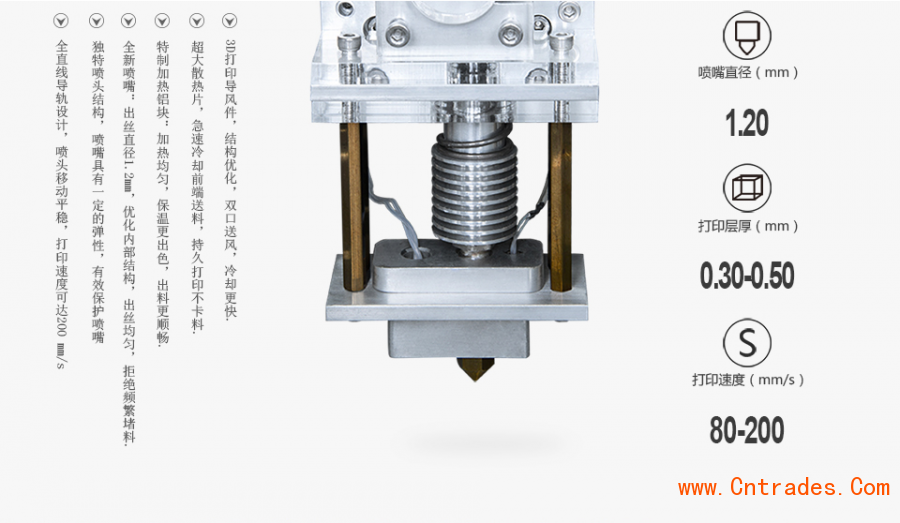 【设备参数】： 喷头直径（Φ 1.2mm），打印层厚（0.3-0.5mm），打印速度（80-200mm/s）